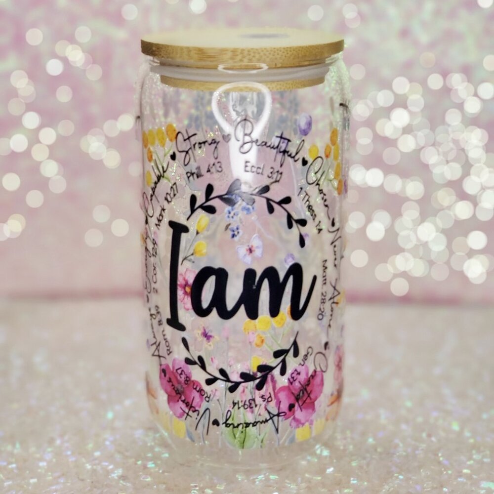 ☕"I Am" Inspirational/Religious 16oz Glass Cup☕NWOT